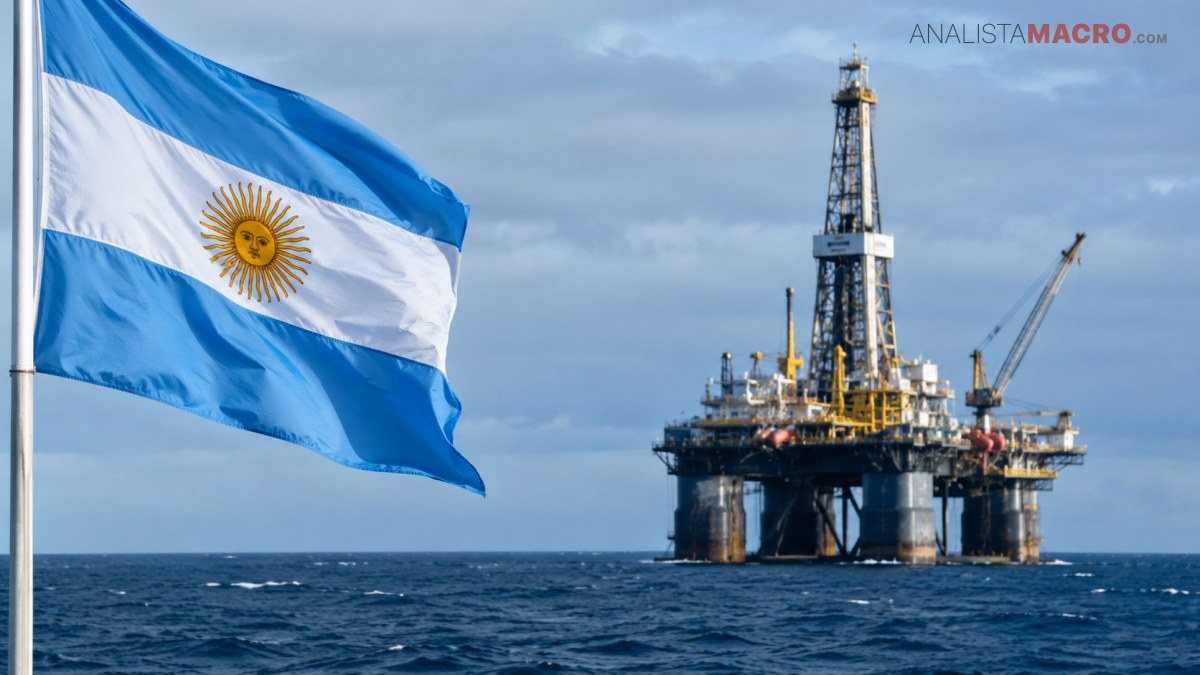 Bandera argentina ondeando frente a una plataforma petrolera marina, con el océano y un cielo nublado al fondo.
