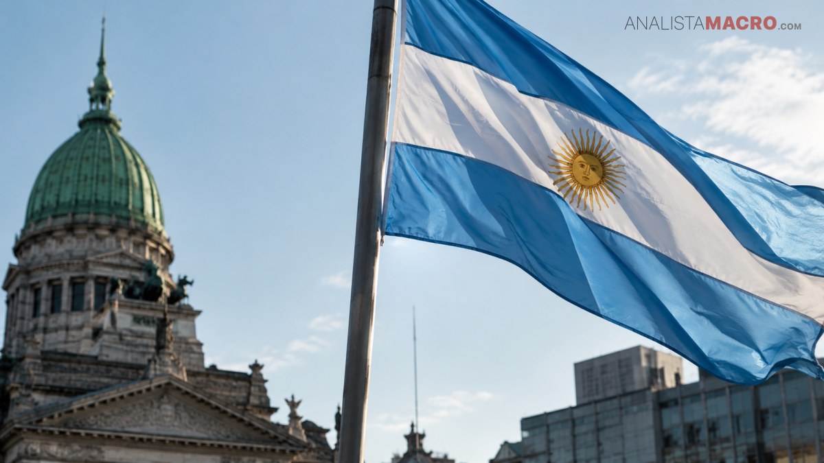 Una bandera argentina ondea frente a un edificio histórico con cúpula verde, bajo un cielo parcialmente nublado.