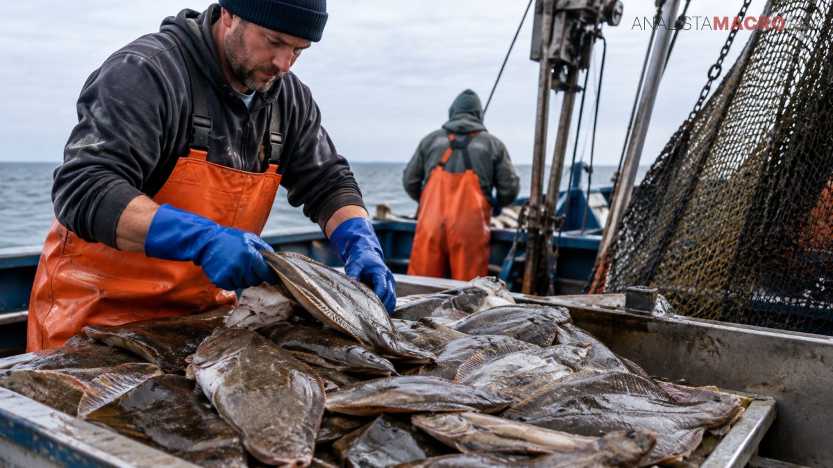 Pescadores con ropa impermeable clasifican una gran cantidad de peces sobre una cubierta, junto a redes y maquinaria, con el mar al fondo.