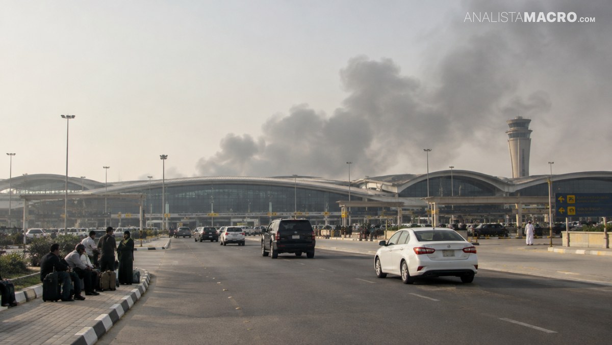 Vehículos circulan frente a una terminal aeroportuaria, con pasajeros y equipaje en la acera y una torre de control al fondo.