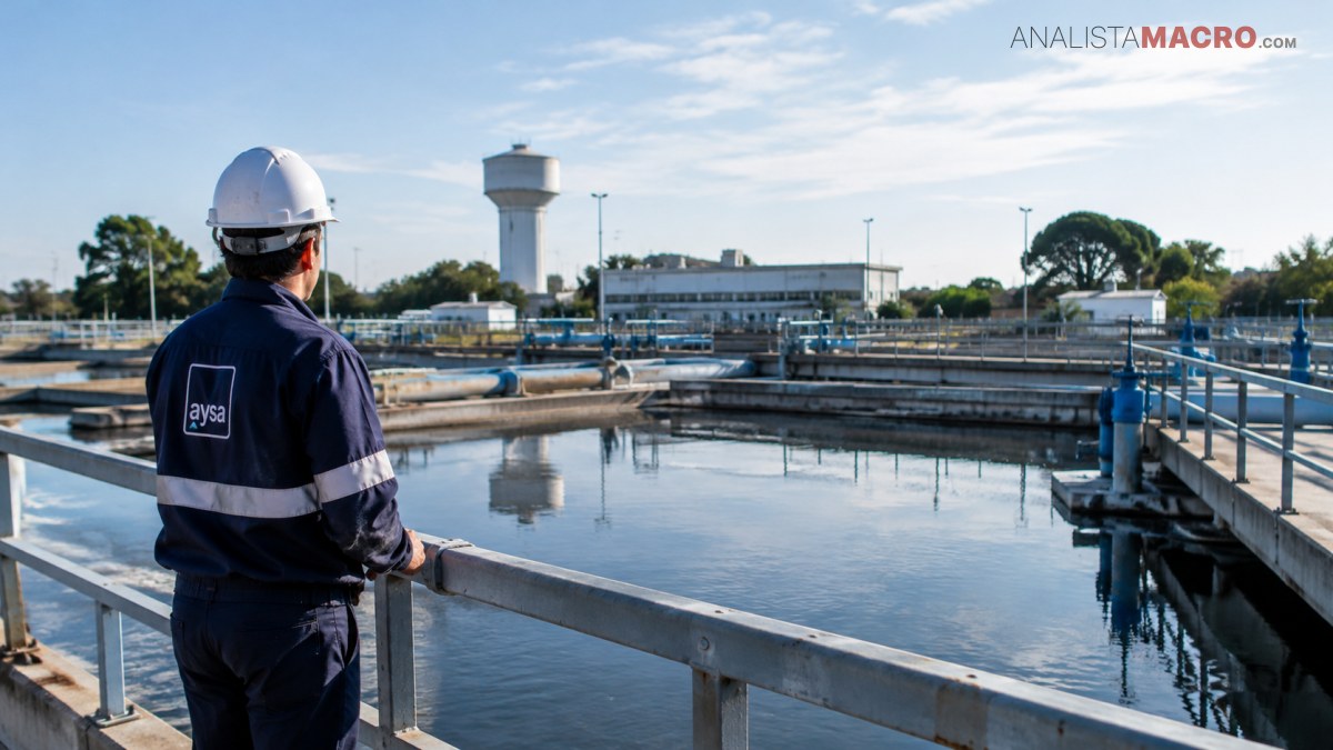 Trabajador con casco y uniforme observa desde una pasarela varios depósitos de agua al aire libre.