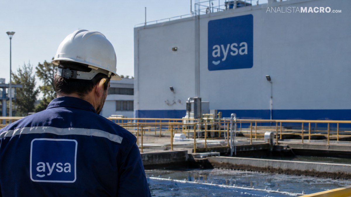 Trabajador con casco y uniforme de AySA observa instalaciones industriales con tanques y estructuras de tratamiento de agua.