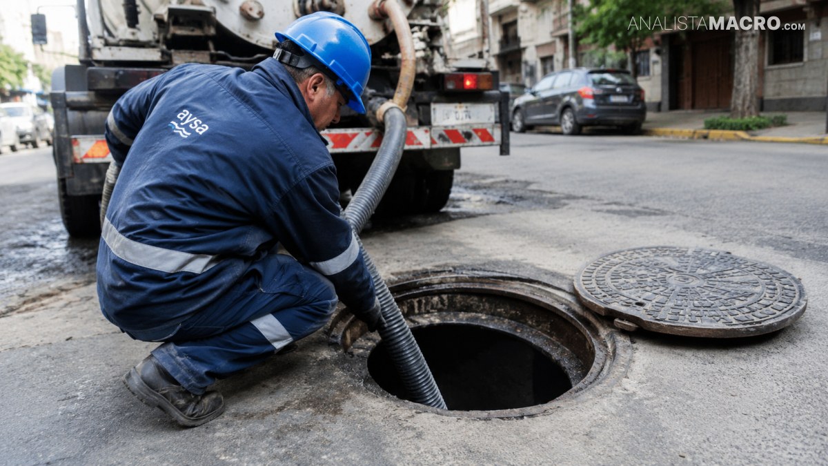 Un trabajador con uniforme azul y casco manipula una manguera en una alcantarilla abierta junto a un camión.