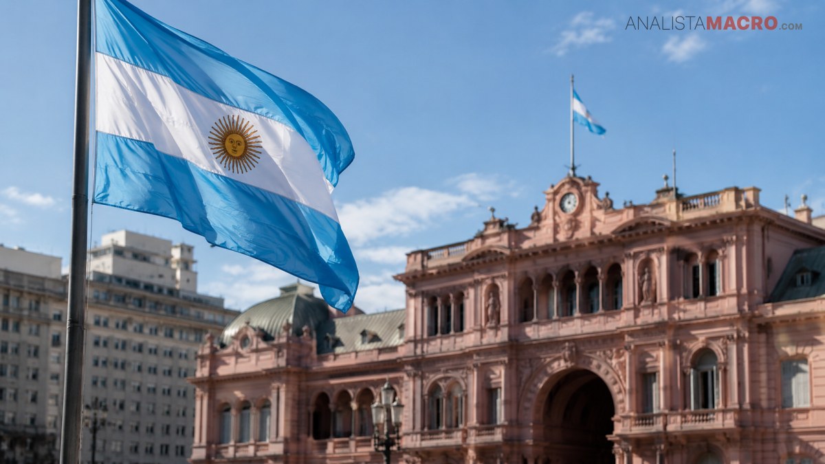 Una bandera argentina ondea frente a un edificio histórico de fachada rosada bajo un cielo azul.