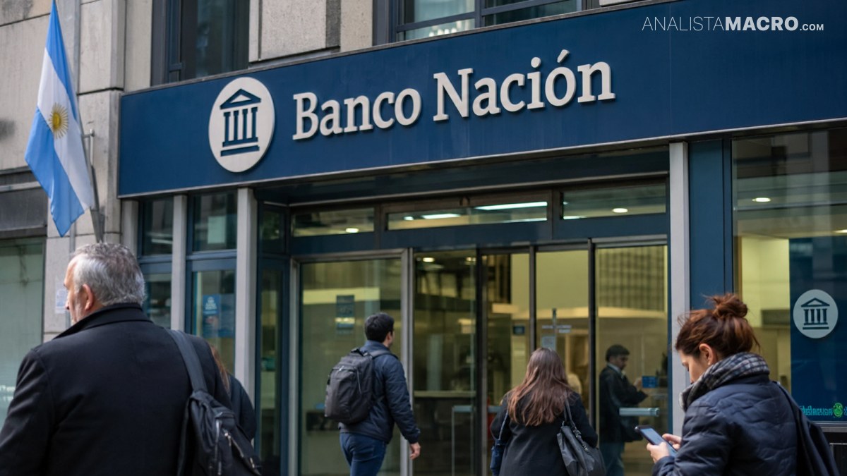 Entrada de una sucursal del Banco Nación con varias personas entrando y saliendo, junto a una bandera argentina.