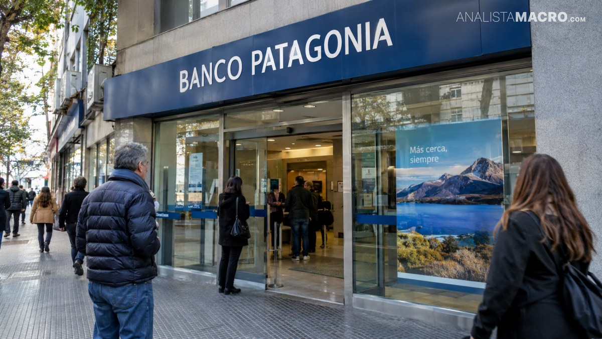 Personas caminan frente a una sucursal de Banco Patagonia, mientras otras ingresan por la puerta de vidrio.