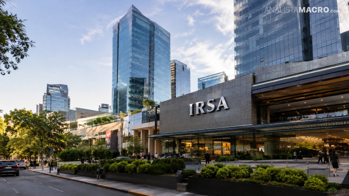 Edificios modernos de vidrio rodean un complejo comercial con el letrero IRSA, árboles, jardines y vehículos en la calle.