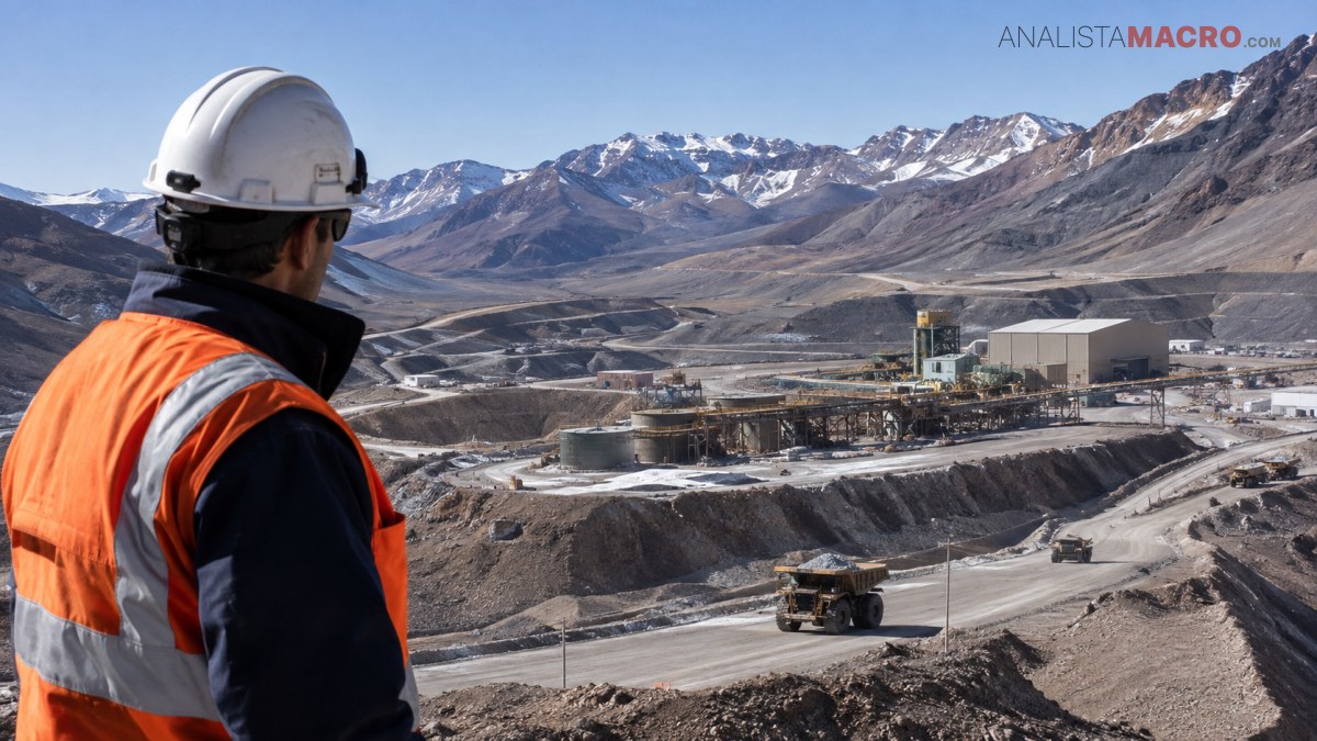 Trabajador con casco y chaleco reflectante observa una operación minera a cielo abierto rodeada de montañas nevadas.