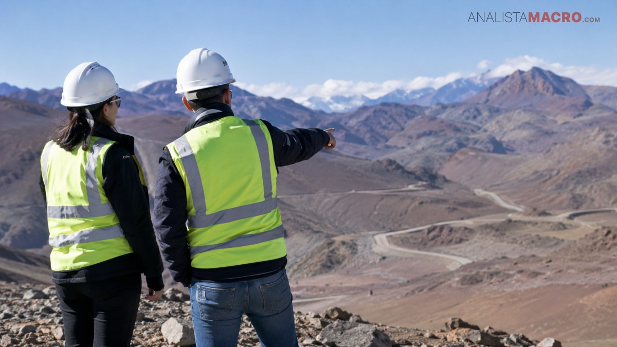 Dos trabajadores con cascos y chalecos reflectantes observan un paisaje montañoso, mientras uno señala una zona del terreno.