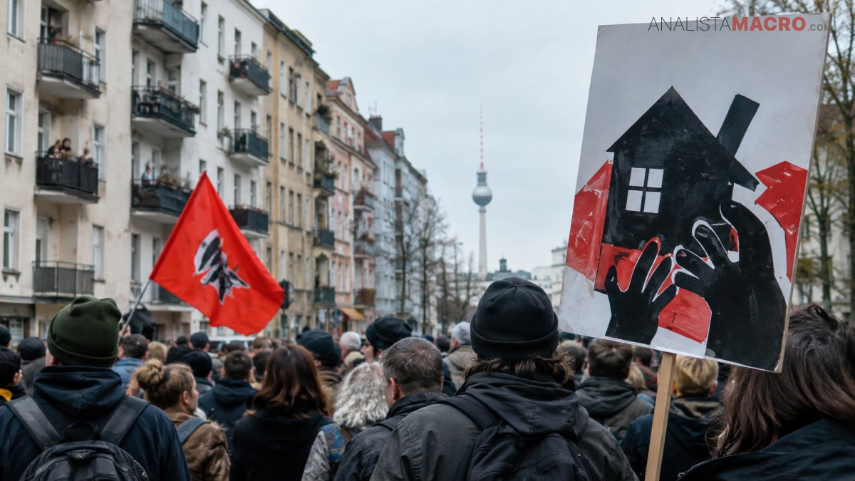 Multitud de personas camina entre edificios, mientras ondea una bandera roja y alguien sostiene un cartel con una casa negra.
