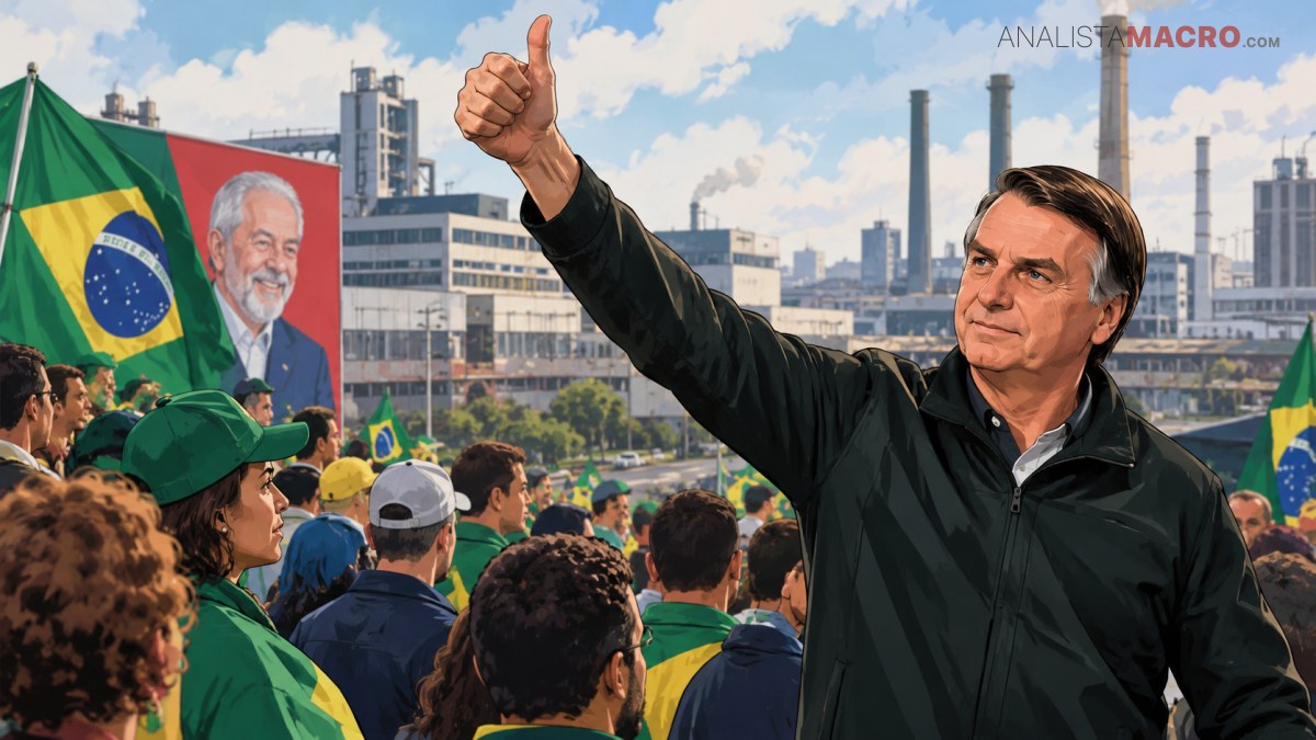 Un hombre levanta el pulgar ante una multitud con banderas brasileñas, mientras al fondo aparecen instalaciones industriales.