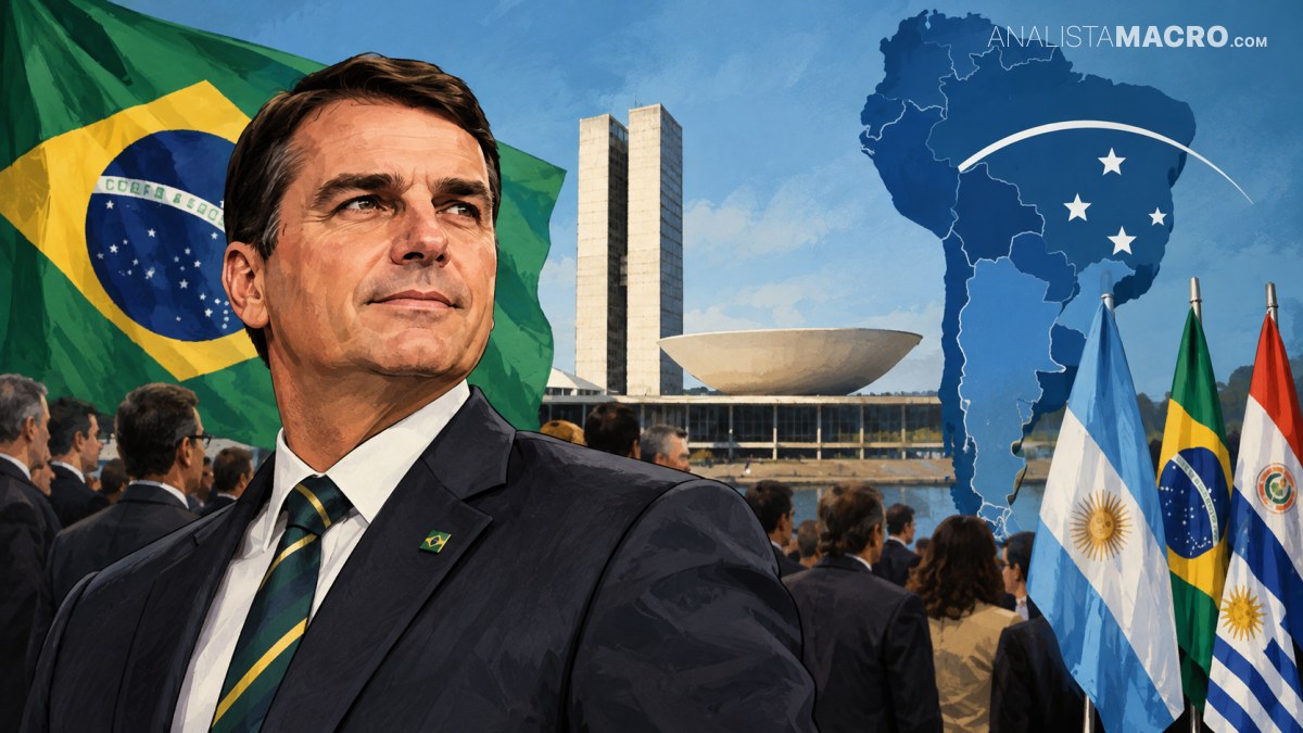 Hombre con traje y corbata frente a una bandera brasileña, un edificio gubernamental y un mapa de Sudamérica con varias banderas.