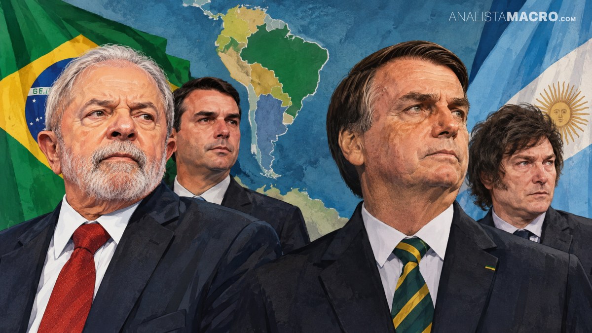 Cuatro hombres con traje aparecen frente a las banderas de Brasil y Argentina y un mapa de América.