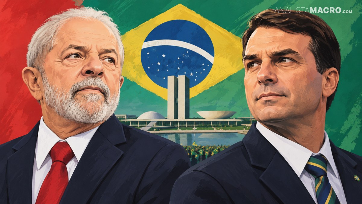 Dos hombres con traje aparecen frente a una bandera de Brasil y edificios gubernamentales de arquitectura moderna.