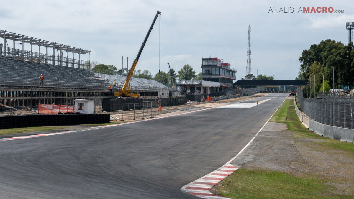 Pista de carreras junto a gradas en construcción, con una grúa, vallas de seguridad y edificios al fondo.