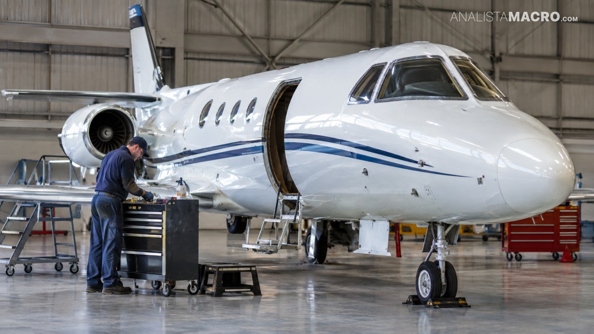 Avión ejecutivo blanco dentro de un hangar, con la puerta abierta y un técnico trabajando junto a un carrito de herramientas.