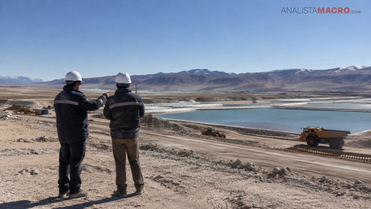 Dos personas con cascos observan un paisaje árido junto a una laguna, mientras un camión circula por un camino.