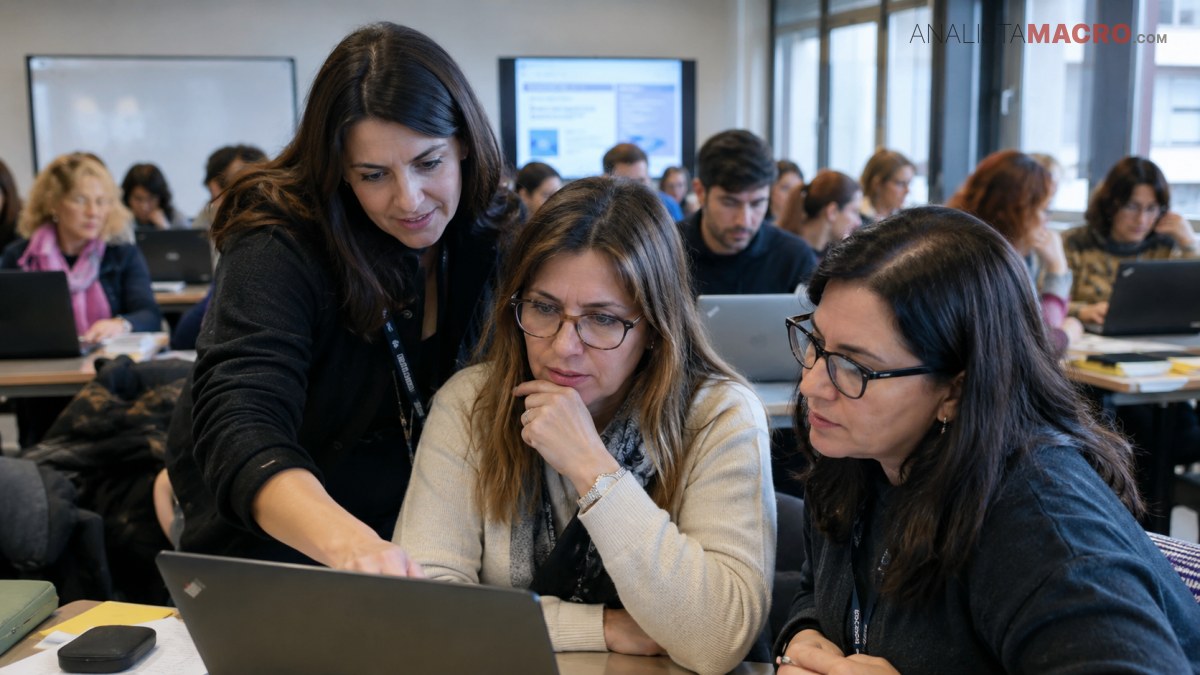 Tres mujeres observan una computadora portátil mientras otras personas trabajan sentadas en mesas al fondo.