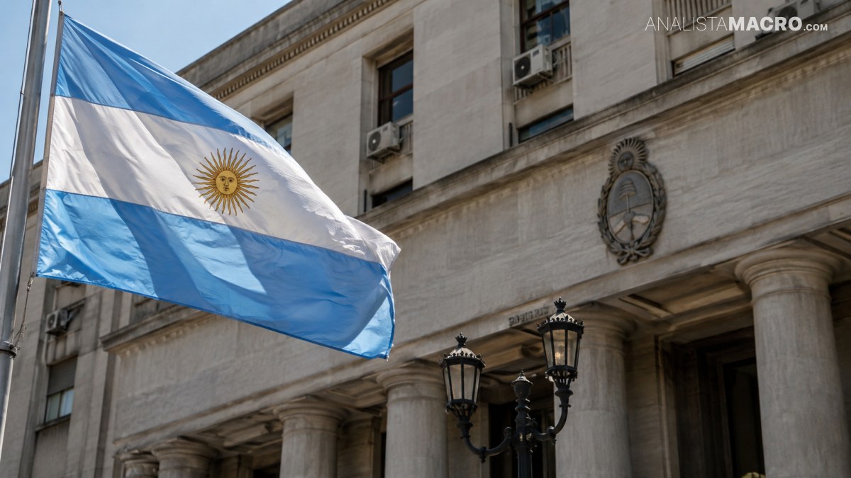 Bandera argentina ondea frente a un edificio clásico de piedra con columnas, ventanas y faroles ornamentales.