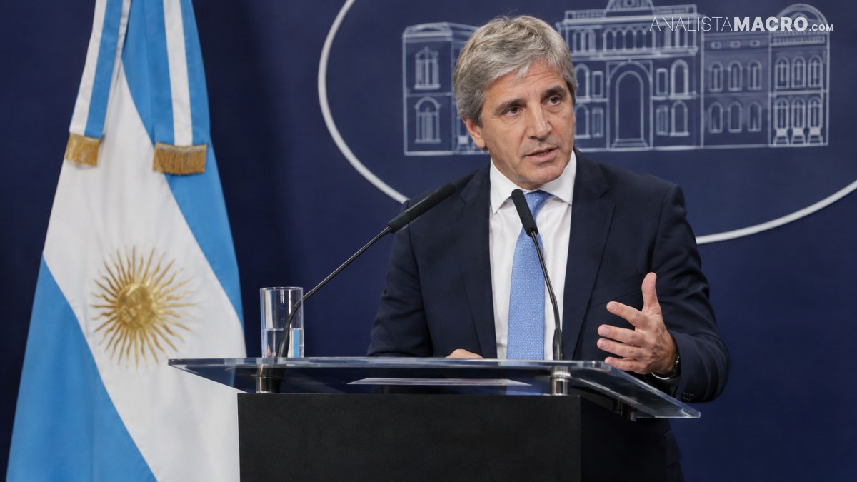 Hombre de cabello canoso habla ante un micrófono, detrás de un atril, junto a una bandera argentina y un fondo azul.