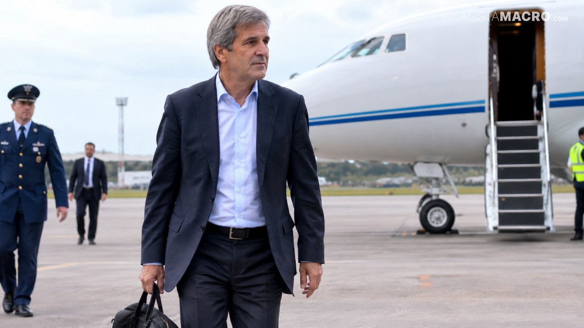 Hombre de cabello gris camina por la pista con una maleta, mientras un avión y varias personas aparecen detrás.