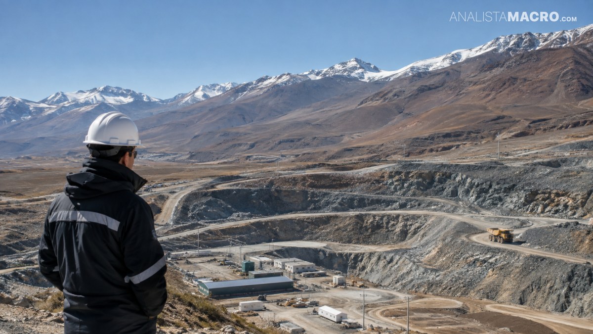 Trabajador con casco observa una mina a cielo abierto rodeada de montañas nevadas bajo un cielo despejado.