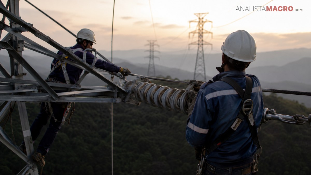 Dos trabajadores con cascos y arneses revisan una estructura metálica de alta tensión frente a un paisaje montañoso.