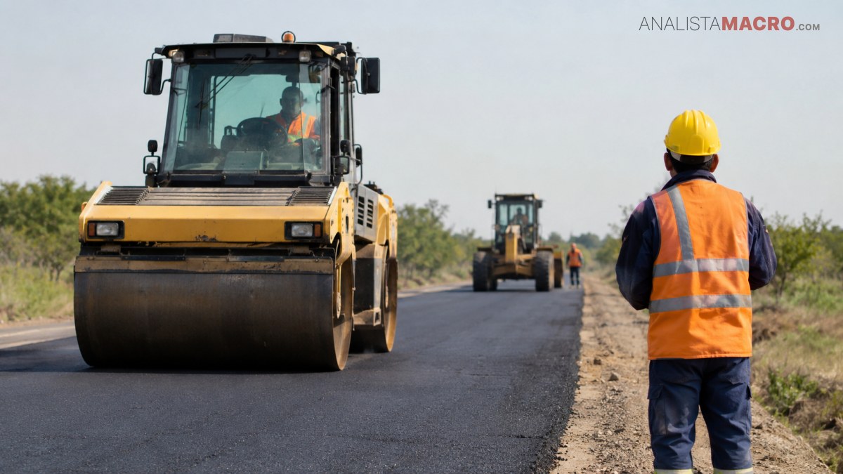Un operario con casco amarillo y chaleco naranja camina junto a una máquina asfaltadora en una carretera.