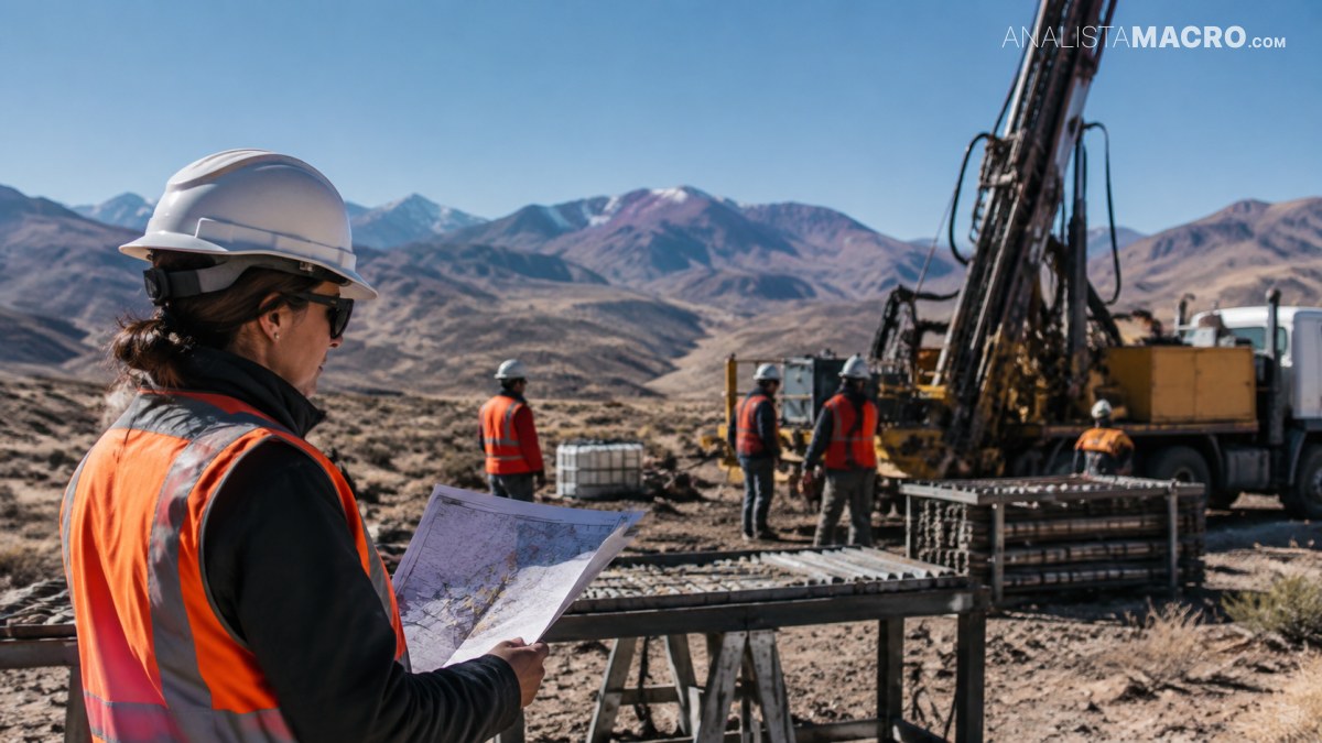 Trabajadora con casco y chaleco reflectante sostiene planos frente a operarios y maquinaria de perforación en un paisaje montañoso.