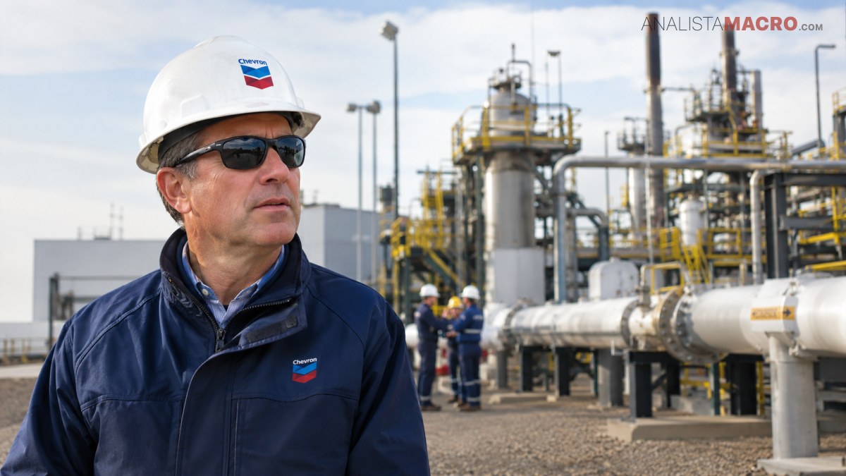 Trabajador con casco blanco y gafas oscuras frente a instalaciones industriales con tuberías y estructuras metálicas.