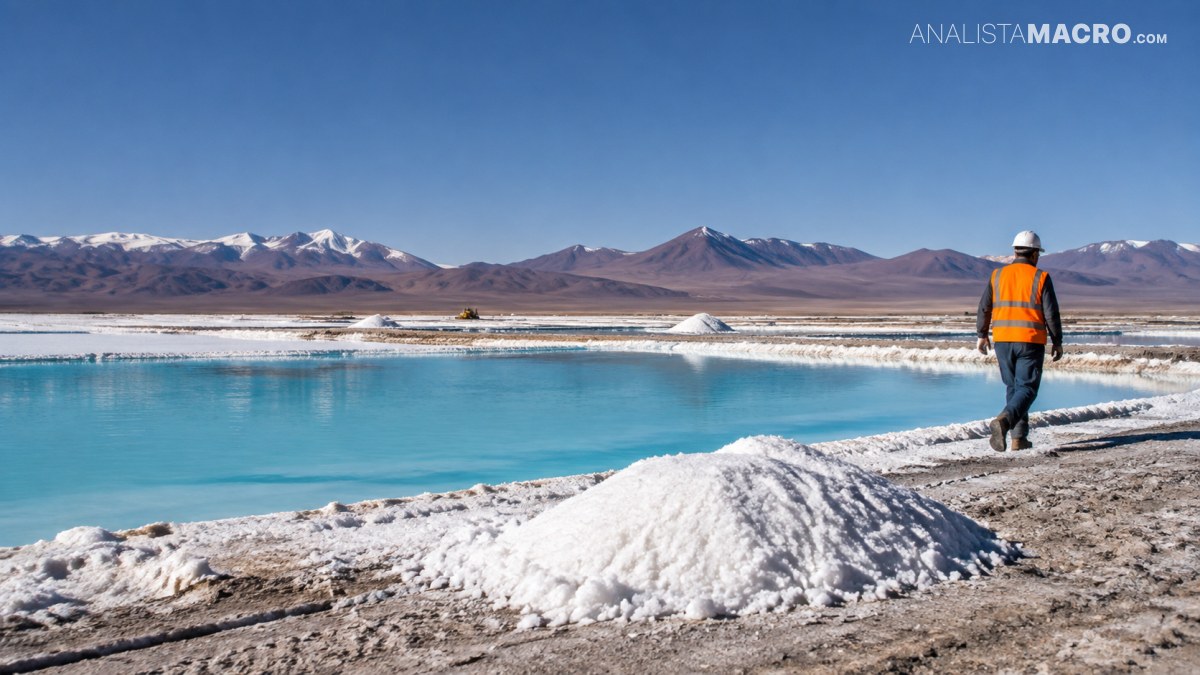 Un trabajador con casco y chaleco naranja camina junto a un lago helado azul, con montañas nevadas al fondo.