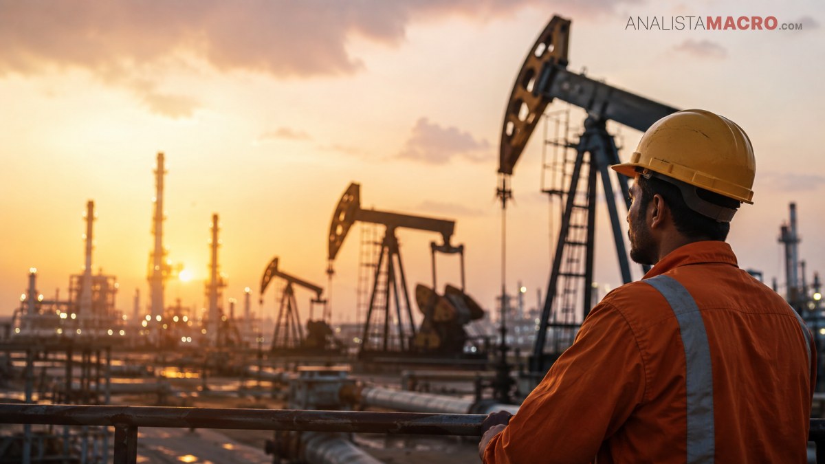 Trabajador con casco observa varias bombas extractoras de petróleo junto a una refinería al atardecer.