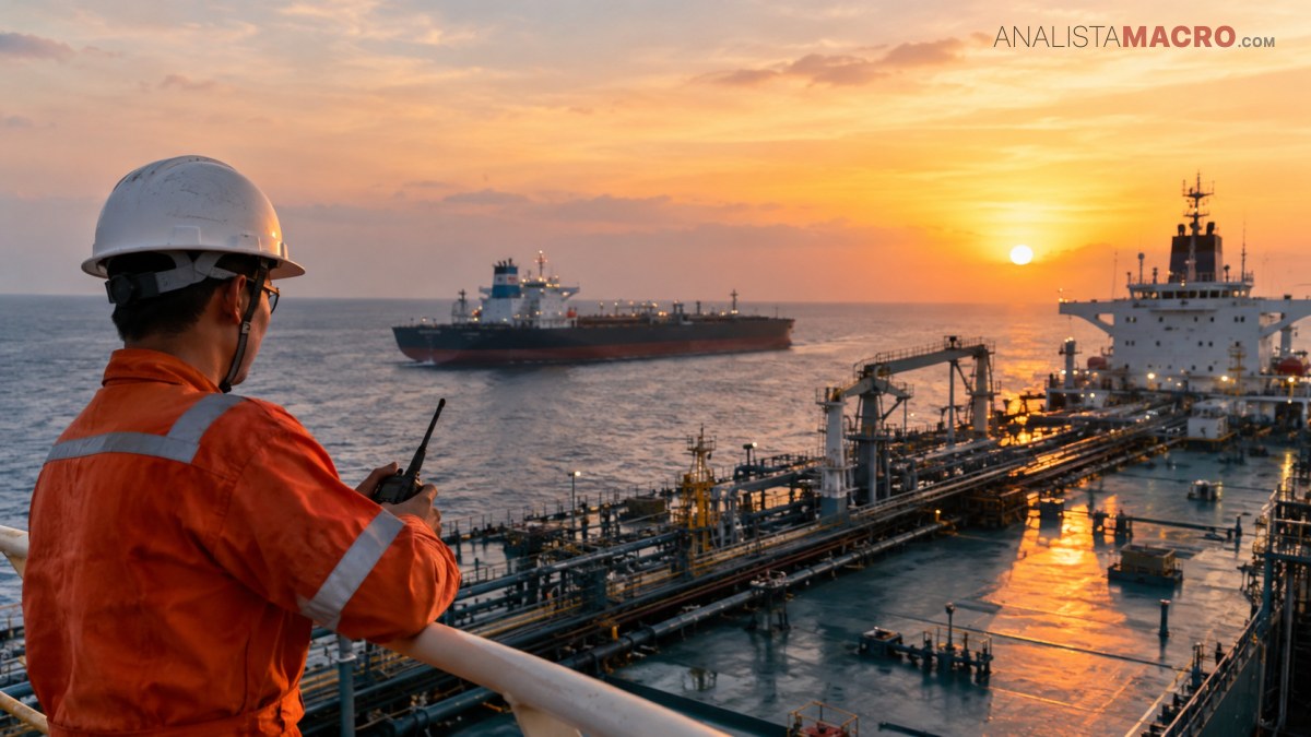 Trabajador con casco y uniforme naranja observa un buque cisterna junto a una instalación portuaria industrial al atardecer.