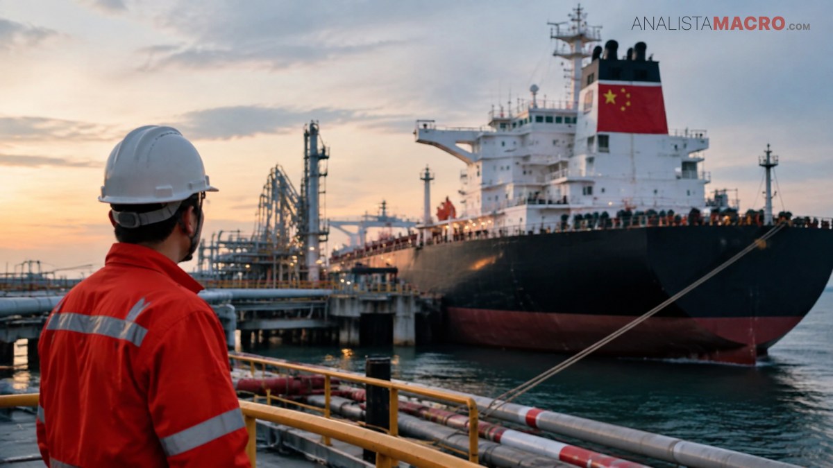 Trabajador con casco observa un gran buque cisterna atracado junto a instalaciones industriales, al atardecer.