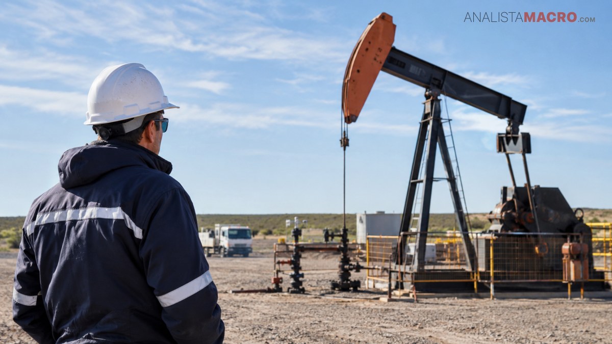 y ropa de seguridad observa una gran bomba extractora de petróleo en un terreno industrial.