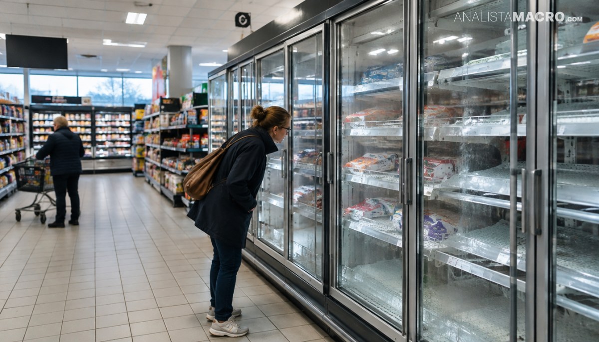 Una mujer observa productos congelados en una vitrina refrigerada dentro de un supermercado.