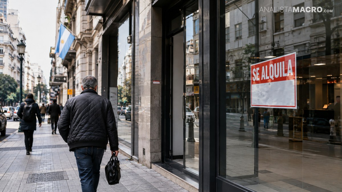 Hombre camina por una acera urbana junto a escaparates, mientras un cartel rojo anuncia un local en alquiler.