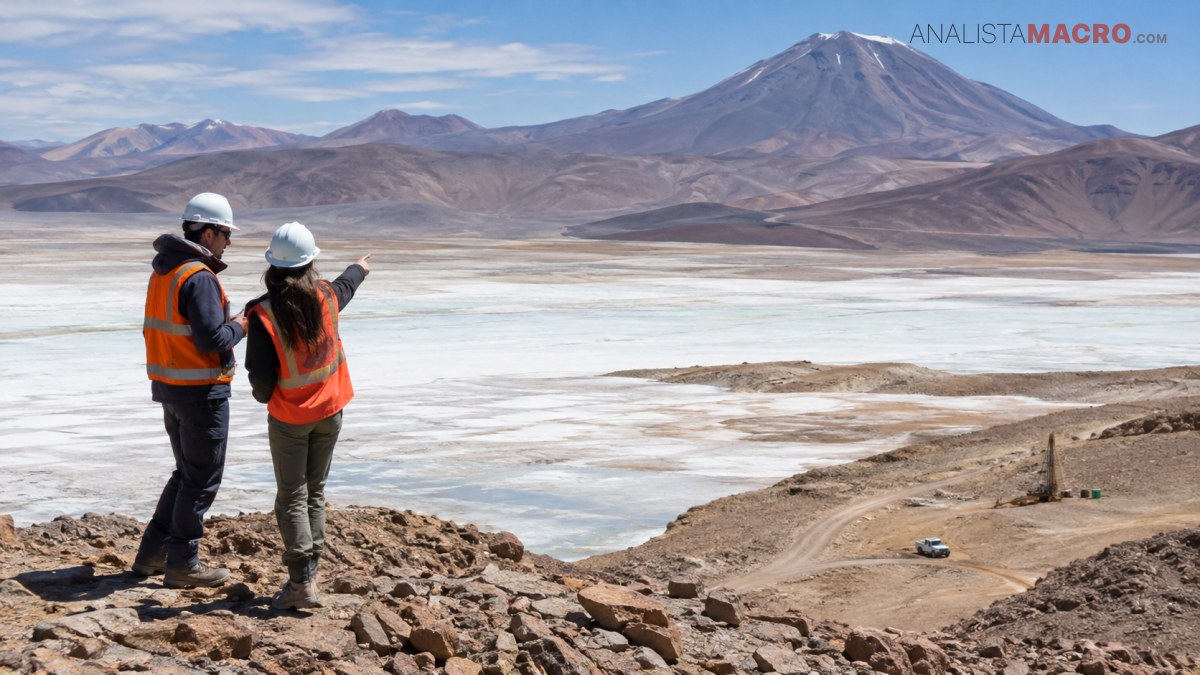 Dos personas con cascos y chalecos reflectantes observan un paisaje montañoso árido con un salar y caminos de tierra.
