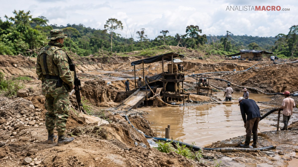 Soldado camuflado observa un sitio de extracción minera con maquinaria, tuberías y varias personas junto a pozas de agua turbia.