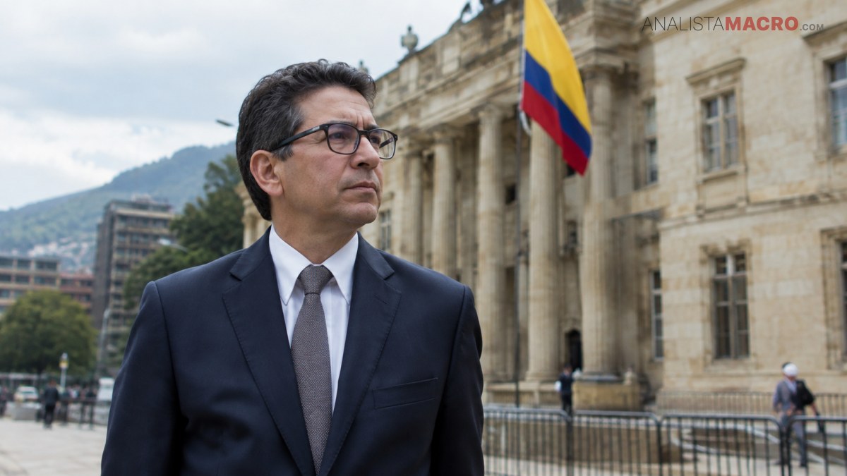 Hombre con traje y gafas observa hacia un lado frente a un edificio histórico, con una bandera colombiana al fondo.