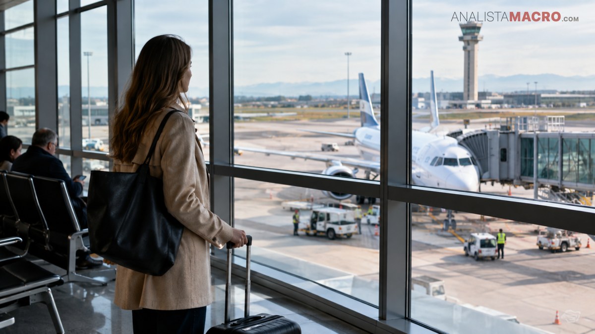 Mujer con abrigo y bolso observa aviones y vehículos desde una terminal aeroportuaria, junto a una maleta.