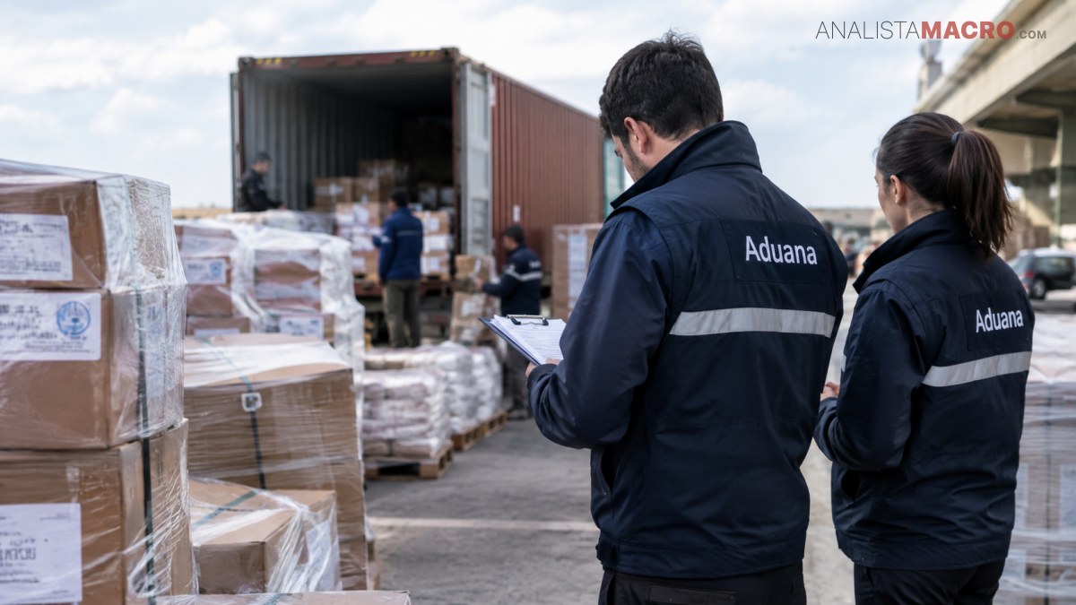 Dos agentes de aduanas inspeccionan mercancías paletizadas frente a un contenedor abierto, mientras otras personas trabajan al fondo.