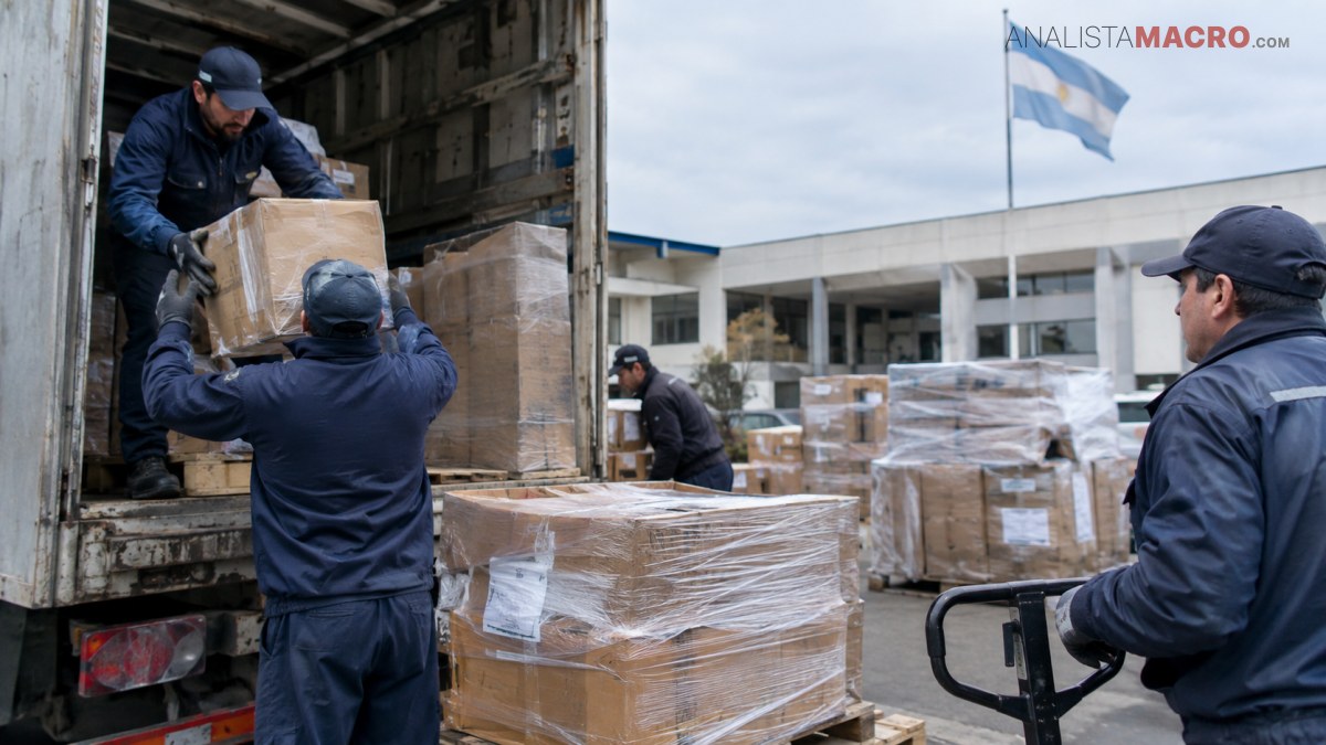 Varios trabajadores con gorras cargan cajas con envoltura de plástico desde un camión en un patio exterior.