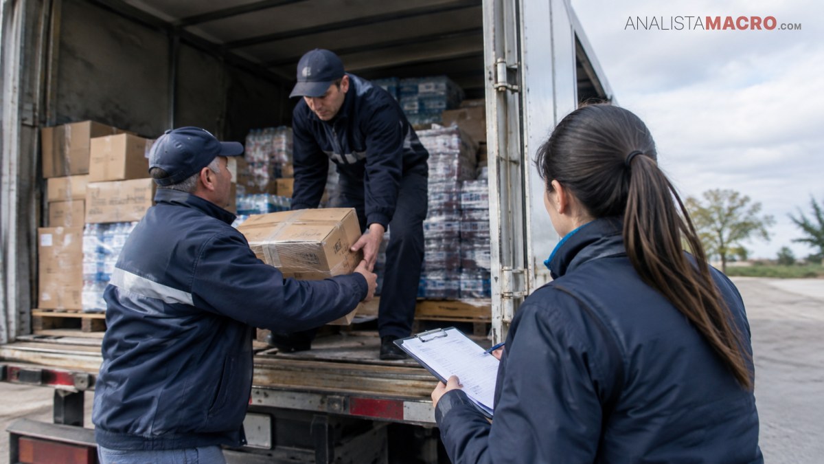 Tres personas con gorras y chaquetas trabajan en la entrega de cajas y mercancías desde un camión.