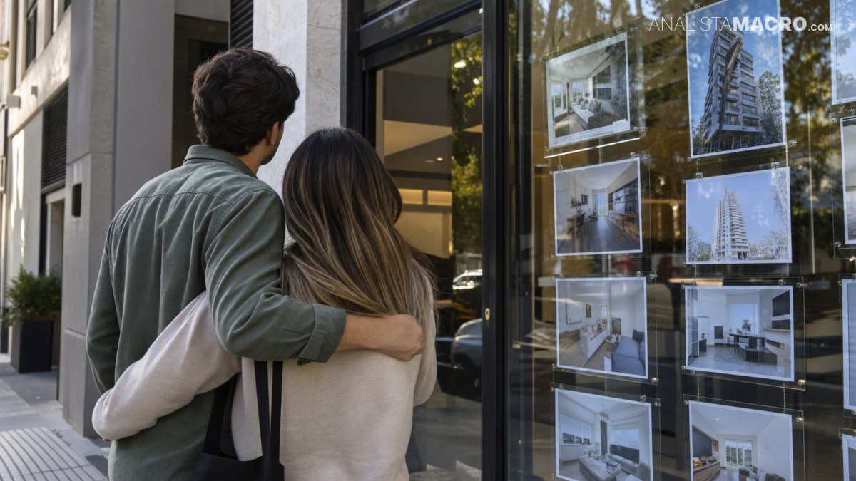 Pareja observa fotografías de interiores y edificios expuestas en el escaparate de una inmobiliaria.