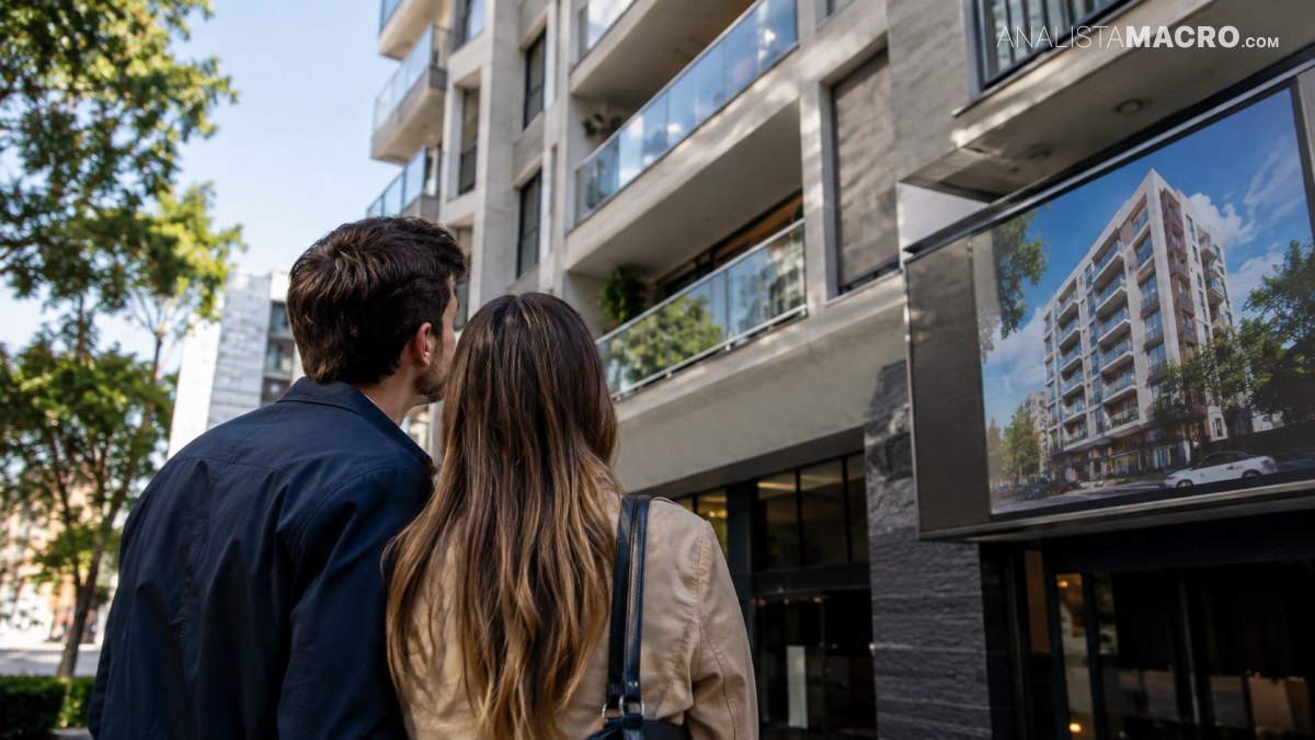 Una pareja observa la imagen de un edificio moderno mostrada en una pantalla exterior frente a un complejo residencial.