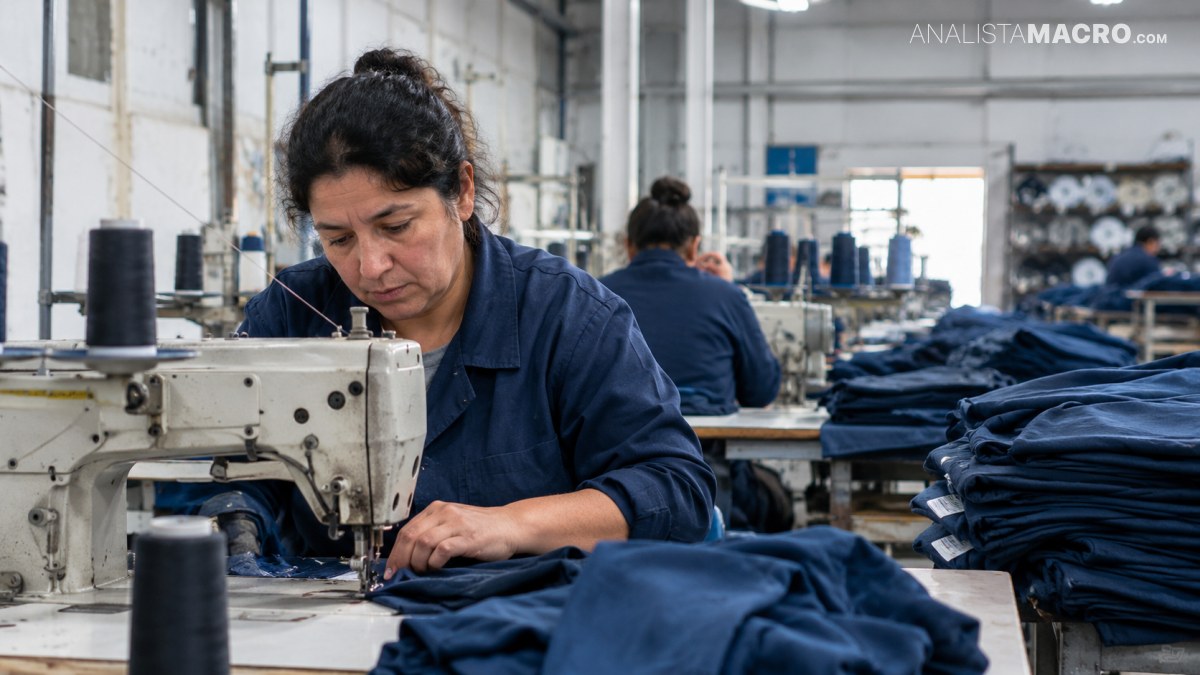 Mujer cose prendas azul oscuro con una máquina industrial en un taller textil lleno de telas y trabajadores.
