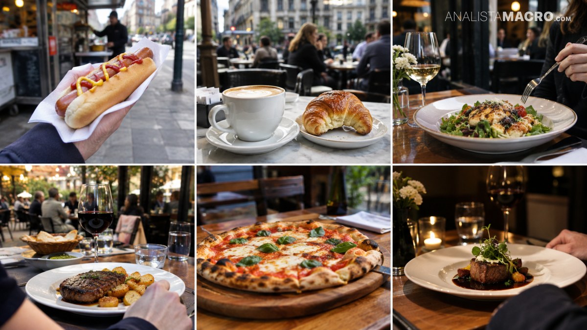 Collage de seis escenas gastronómicas con perrito caliente, café, pasta, carne, pizza y postre servidos en mesas de restaurante.