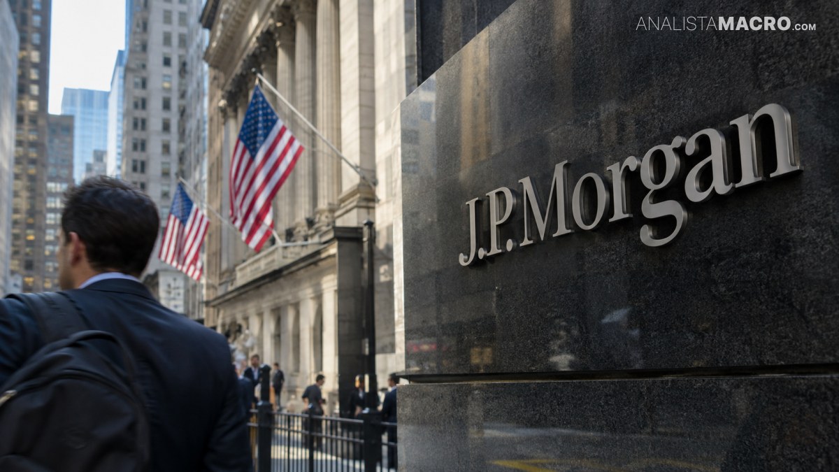 Fachada de J.P. Morgan con dos banderas estadounidenses, peatones y edificios altos en una calle urbana.