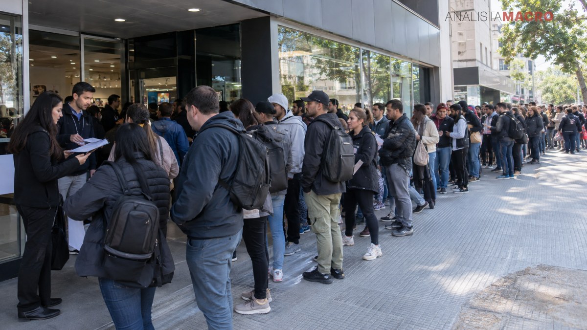 Personas hacen fila frente a la entrada de un edificio, mientras varias conversan con personal ubicado junto a la puerta.